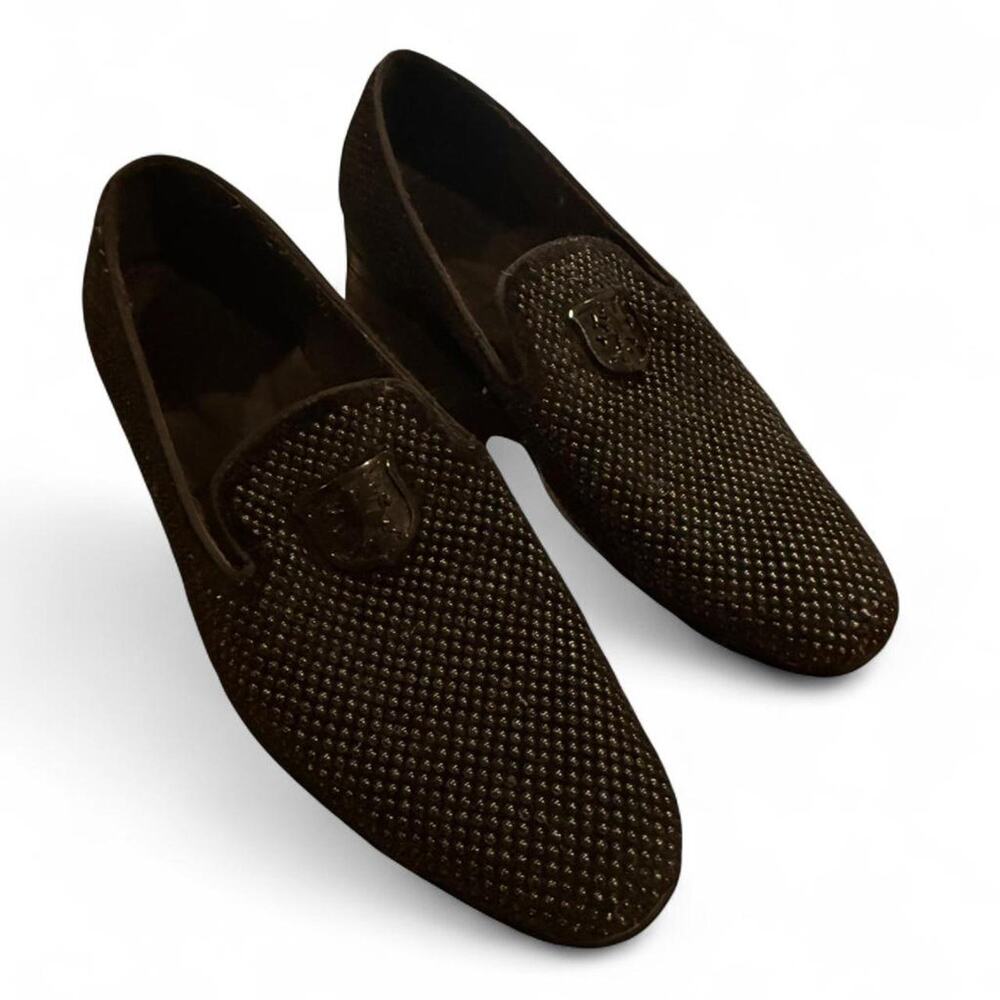 Stacy Adams Black Velvet Slip-on Loafers Rhinestones Logo Mens 11 Party Eclectic